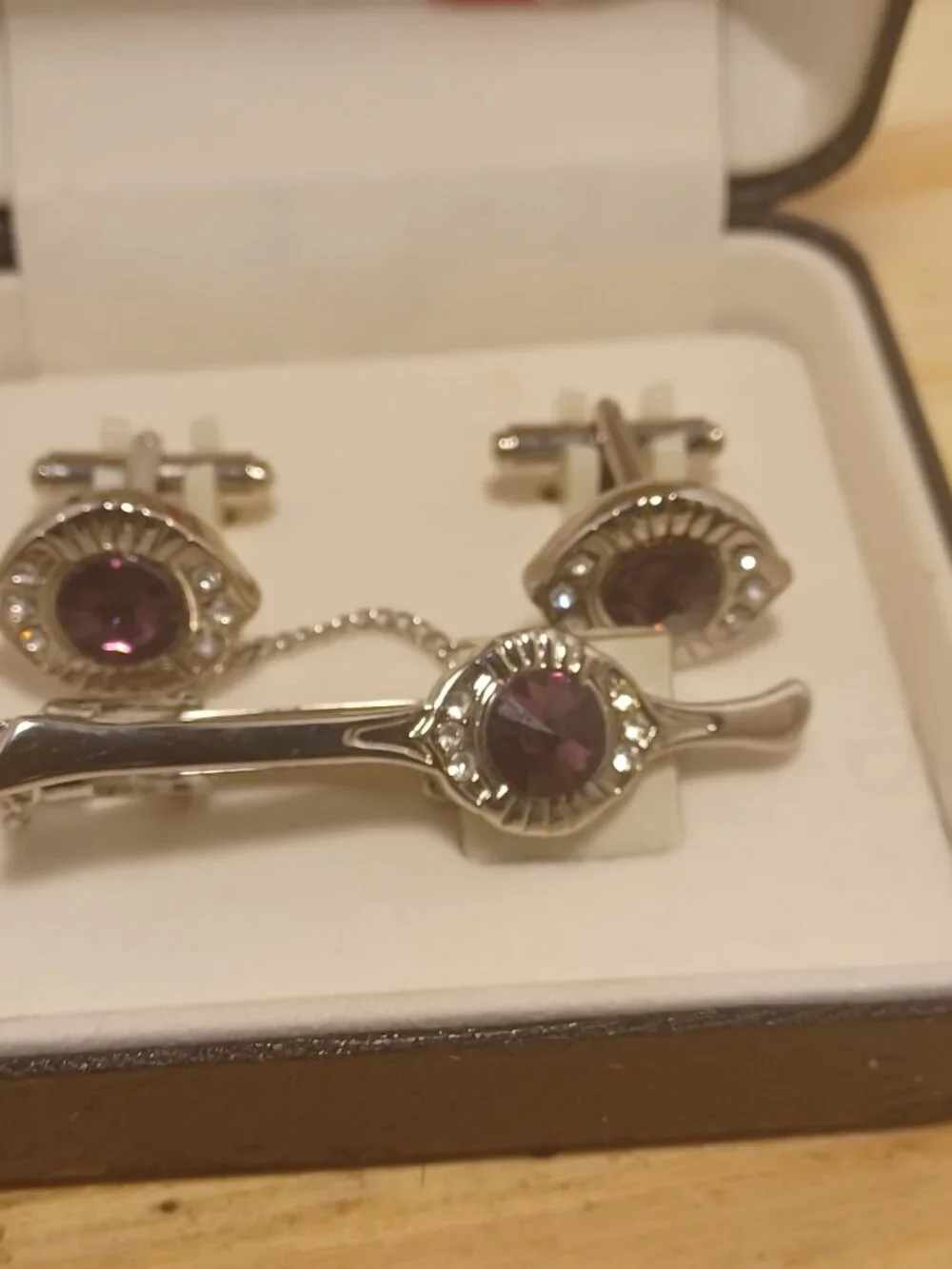 Vintage Glass and Rhinestones Cuff Links with Tie -Clip